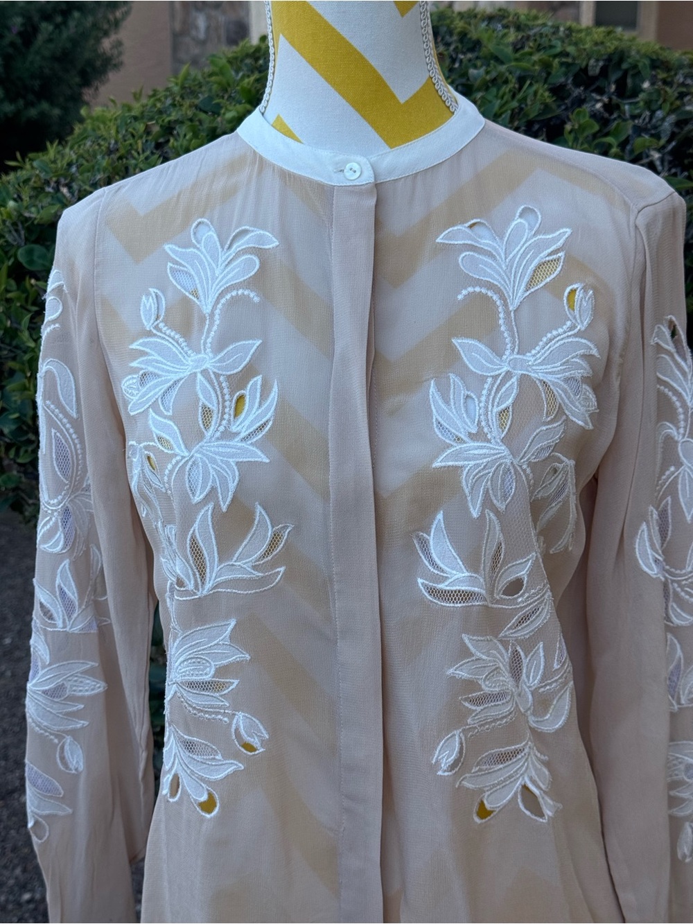 Reiss Sheer Embroidered Floral Button-Up Blouse in Beige - Picture 2 of 15